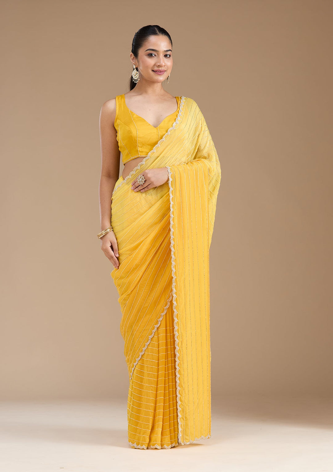 Yellow Cutdana Crepe Saree_koskii