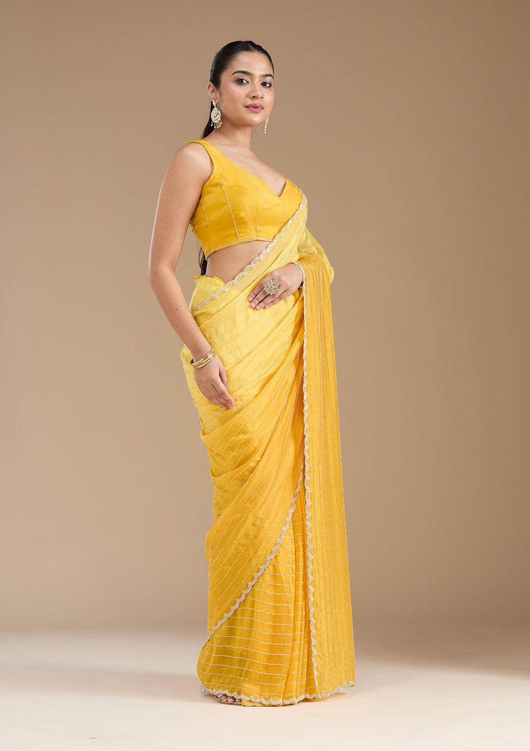 Yellow Cutdana Crepe Saree_koskii