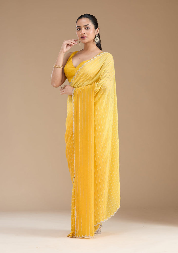 Yellow Cutdana Crepe Saree_koskii