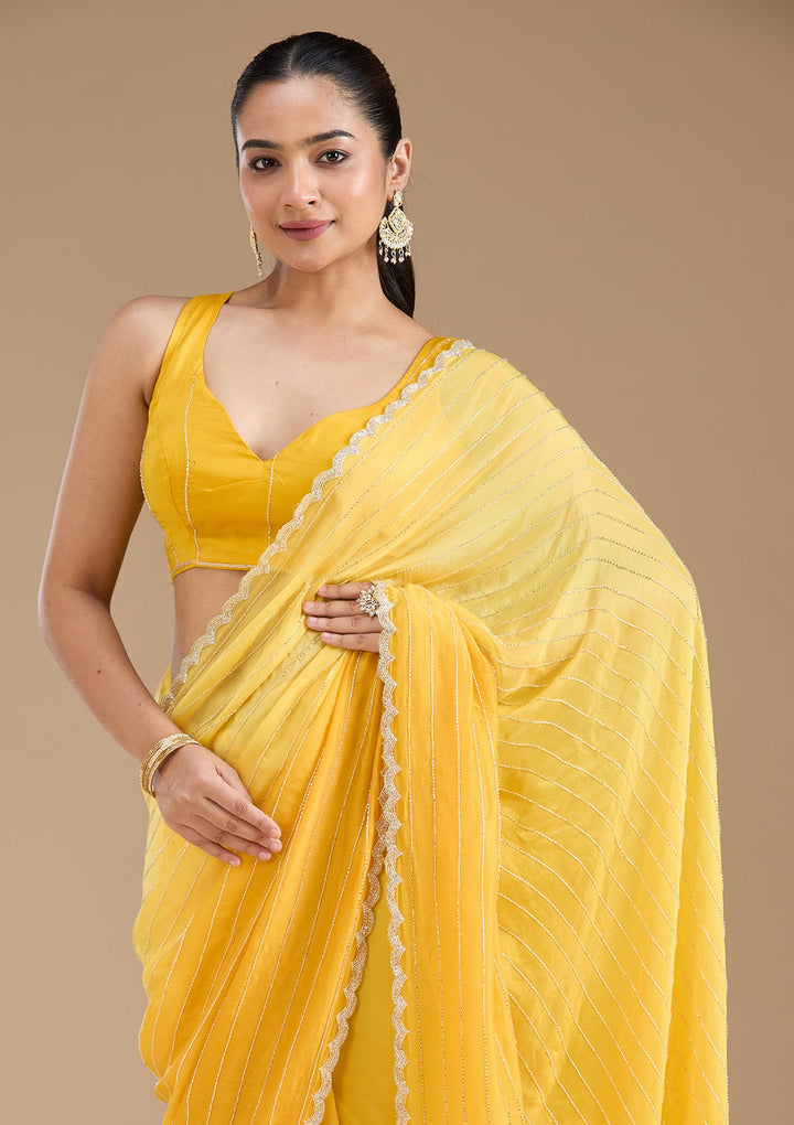 Yellow Cutdana Crepe Saree_koskii