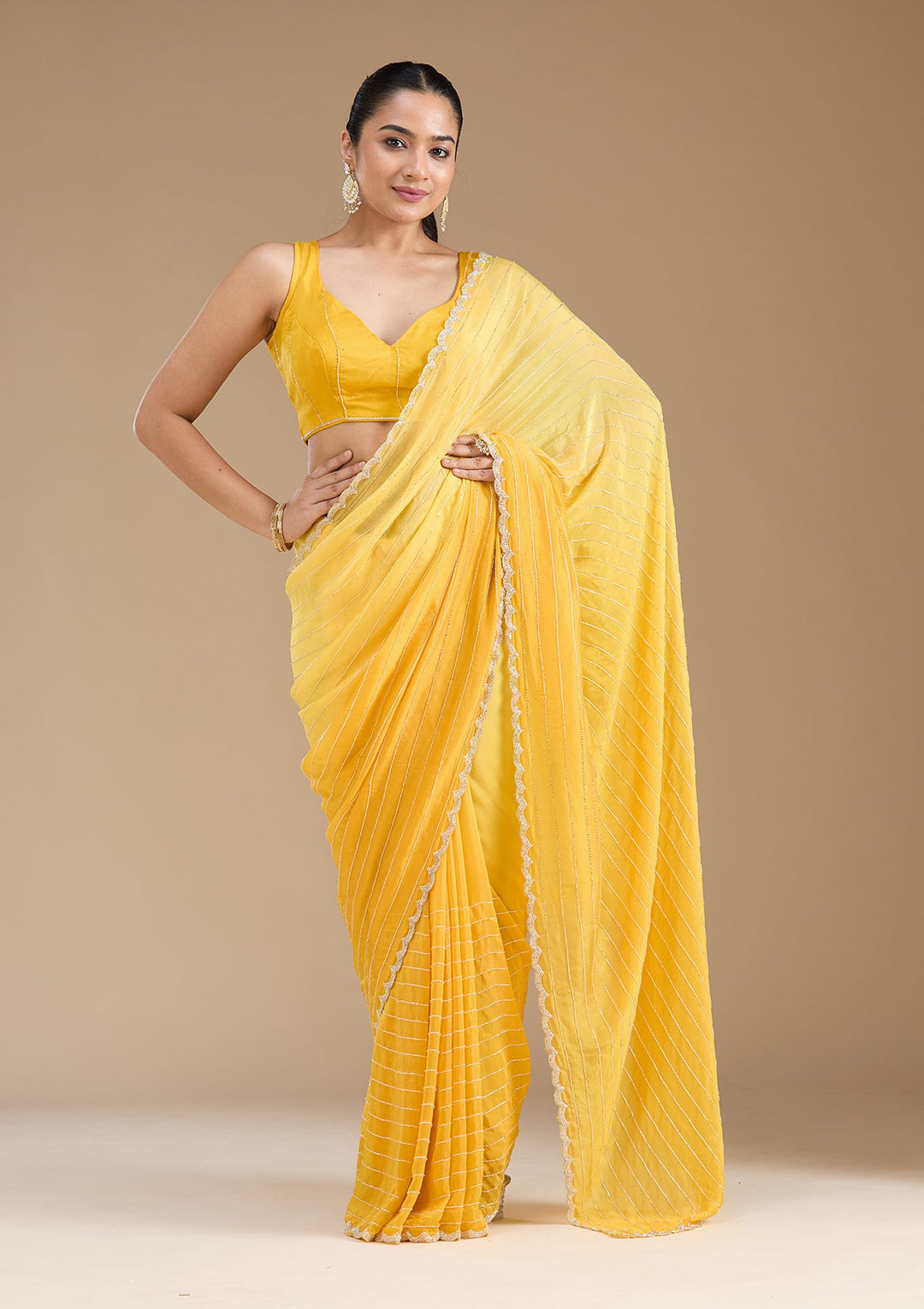 Yellow Cutdana Crepe Saree_koskii