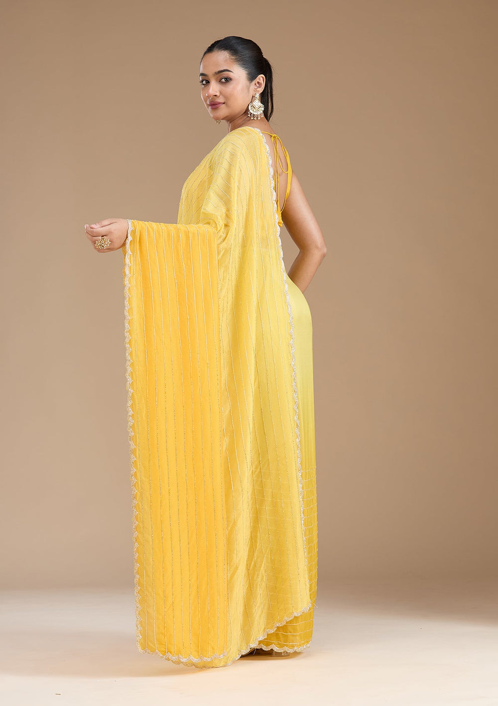 Yellow Cutdana Crepe Saree_koskii