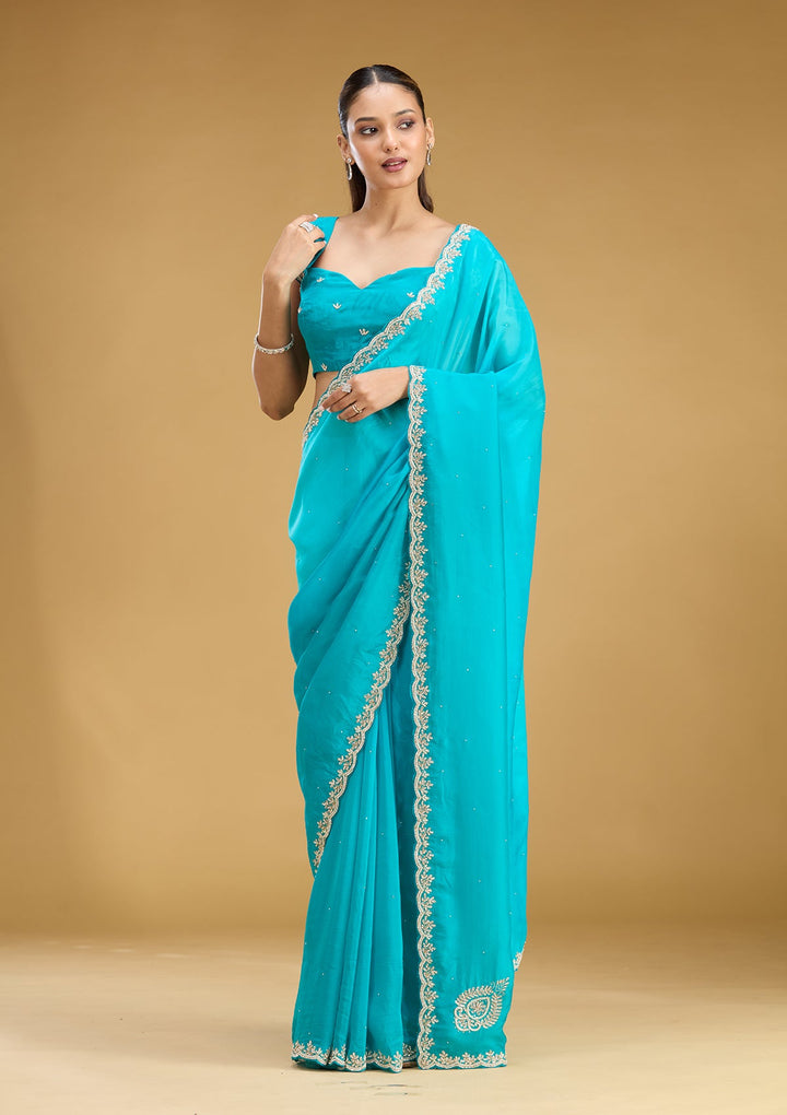 Blue Threadwork Satin Saree