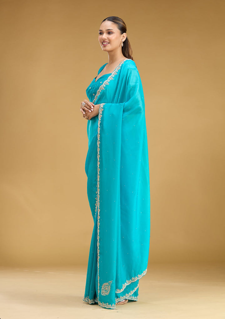 Blue Threadwork Satin Saree