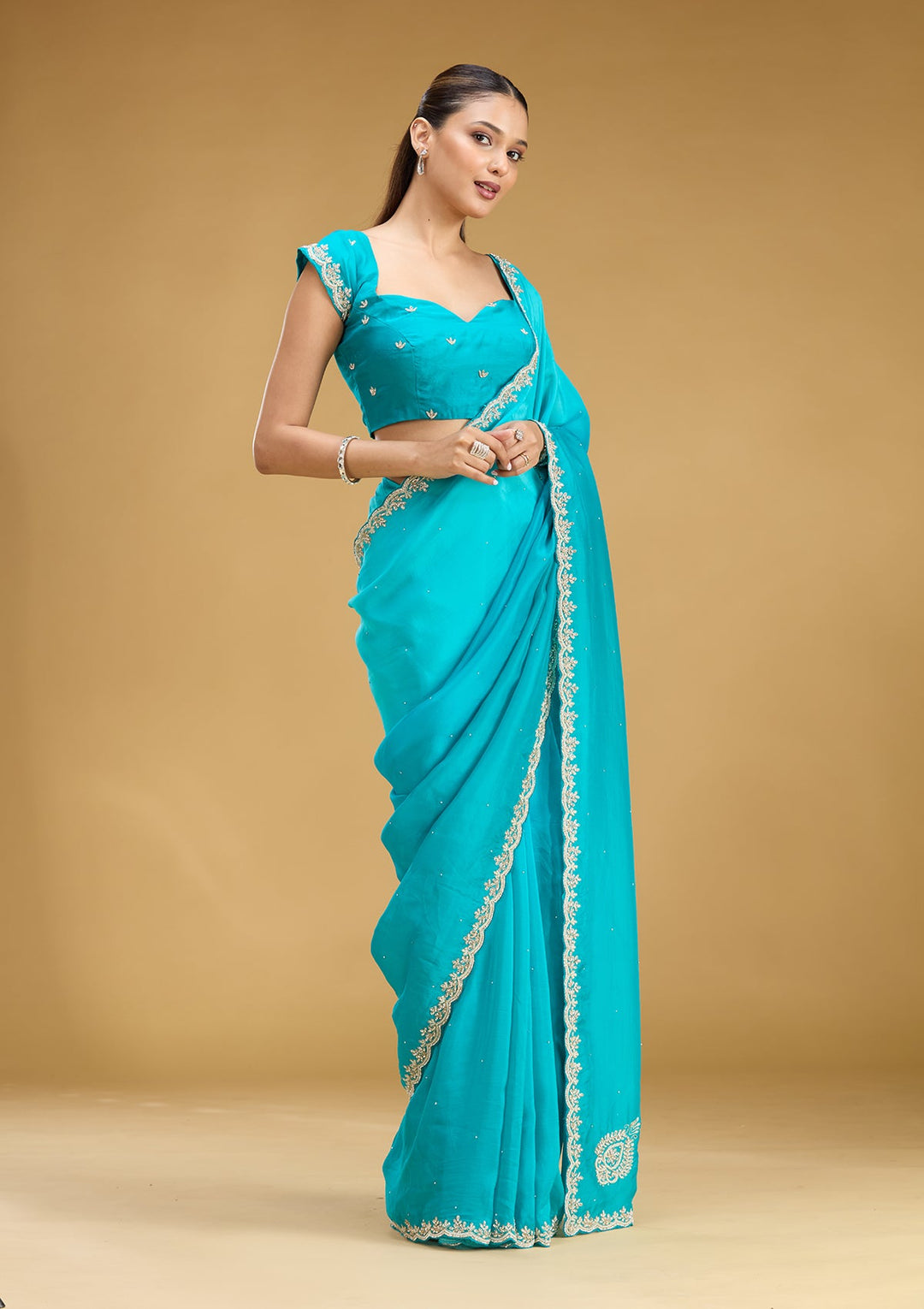 Blue Threadwork Satin Saree