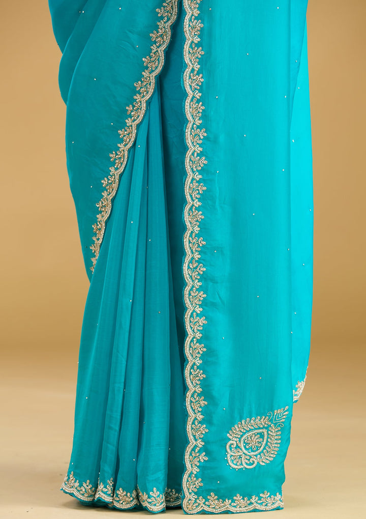 Blue Threadwork Satin Saree