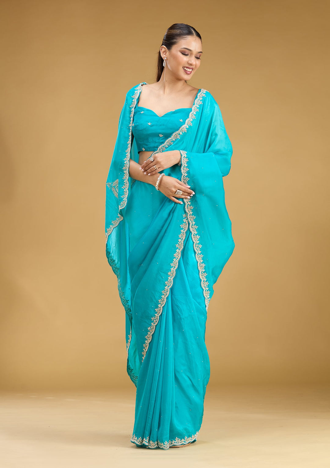 Blue Threadwork Satin Saree