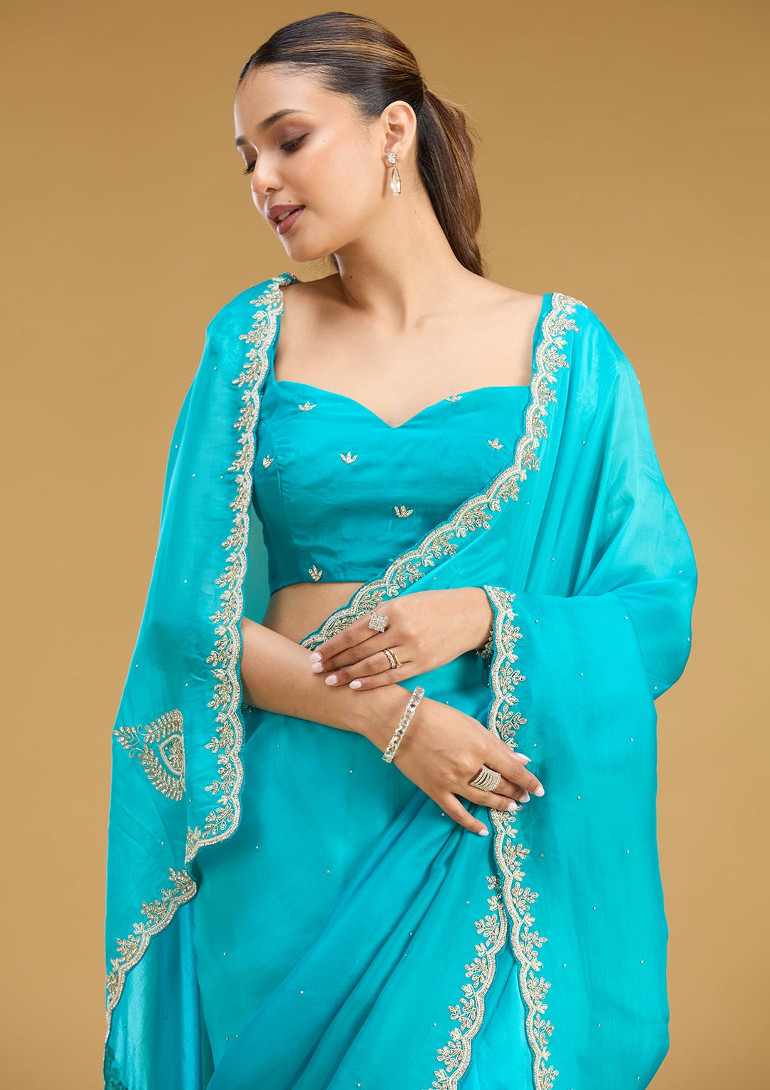 Blue Threadwork Satin Saree