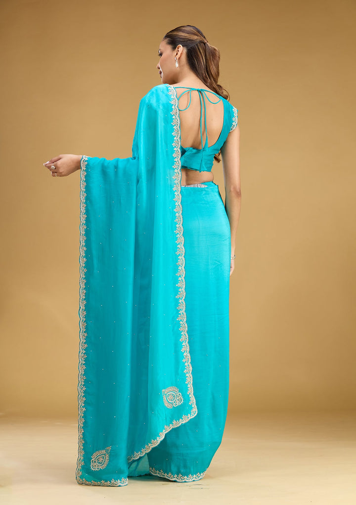 Blue Threadwork Satin Saree