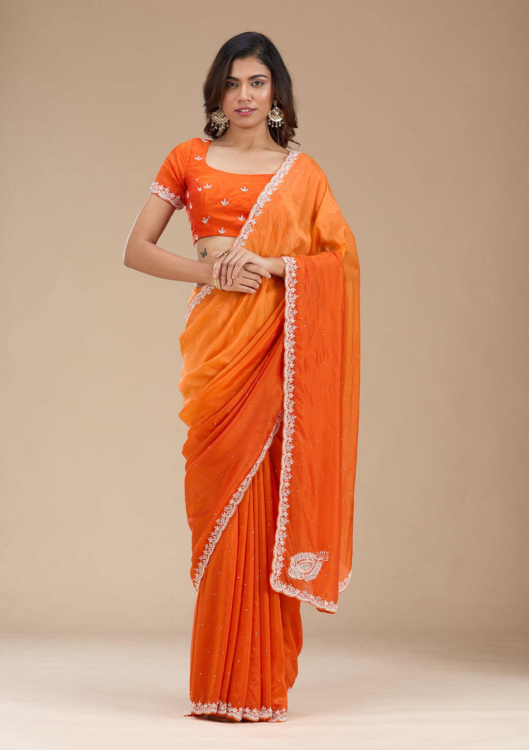 Orange Cutdana Satin Saree_koskii