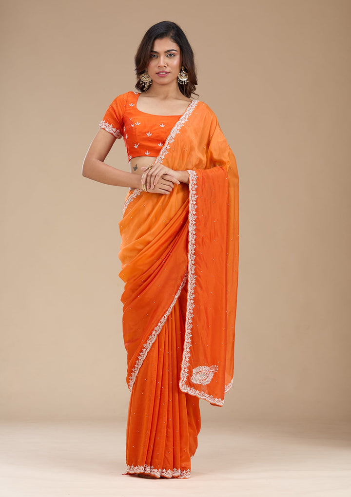 Orange Cutdana Satin Saree_koskii