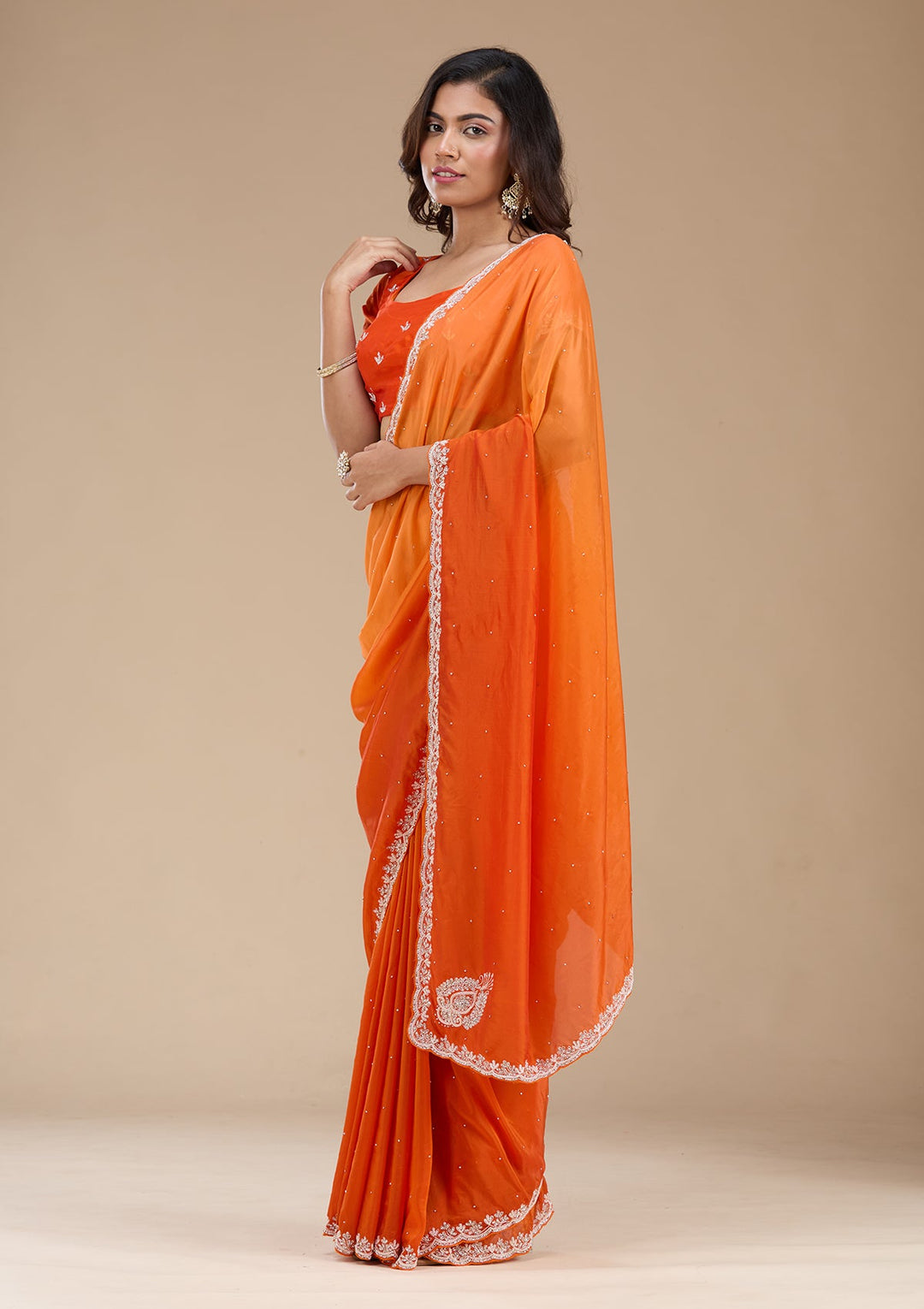 Orange Cutdana Satin Saree_koskii