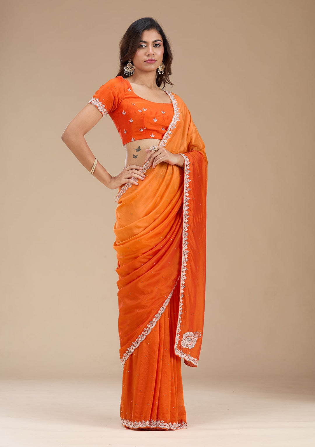 Orange Cutdana Satin Saree_koskii