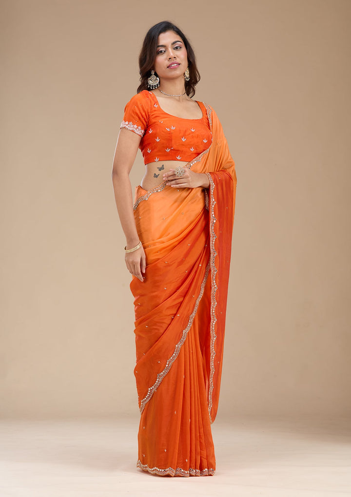 Orange Cutdana Satin Saree_koskii