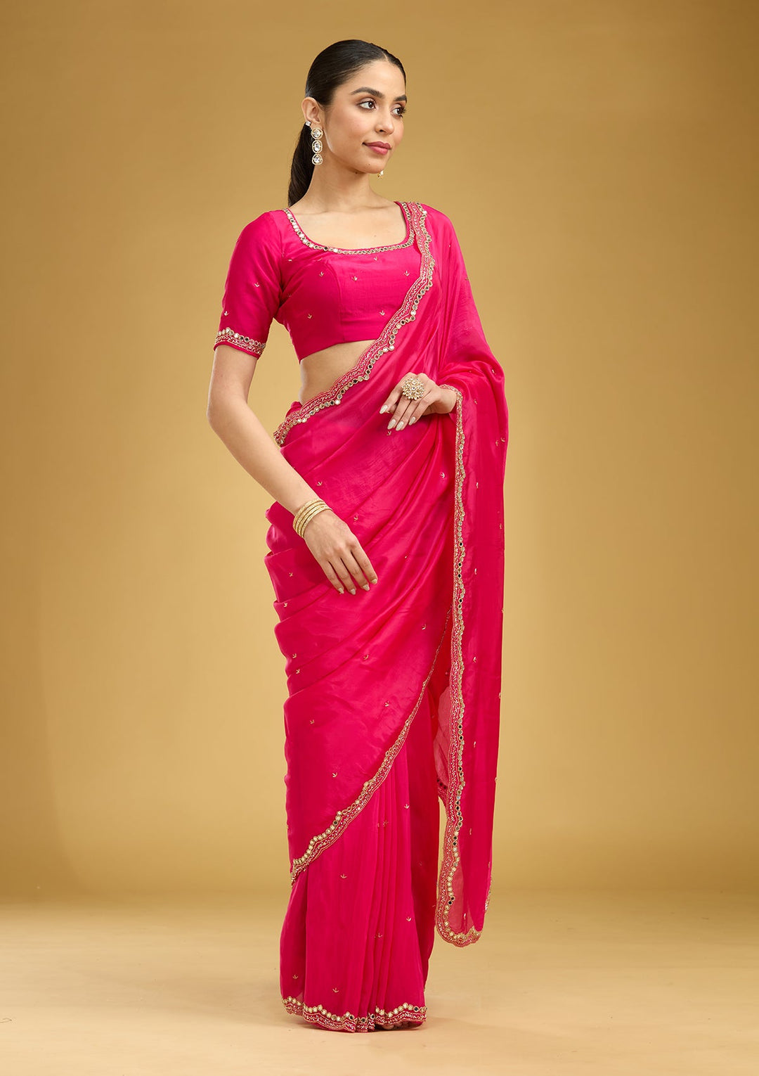 Rani Pink Cutwork Tissue Saree