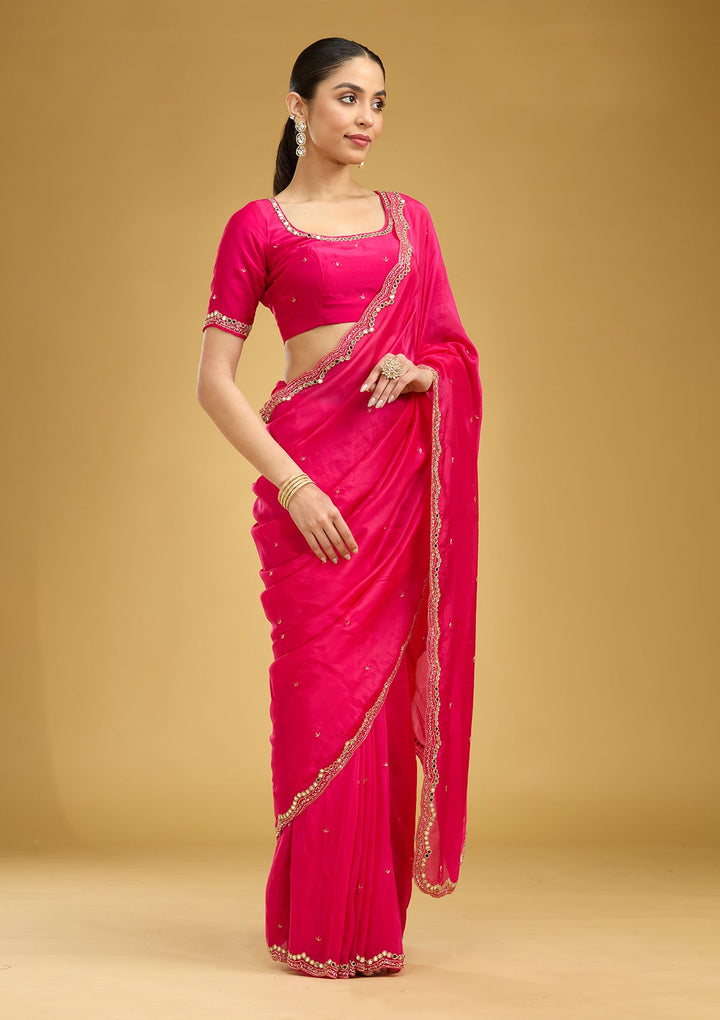 Rani Pink Cutwork Tissue Saree