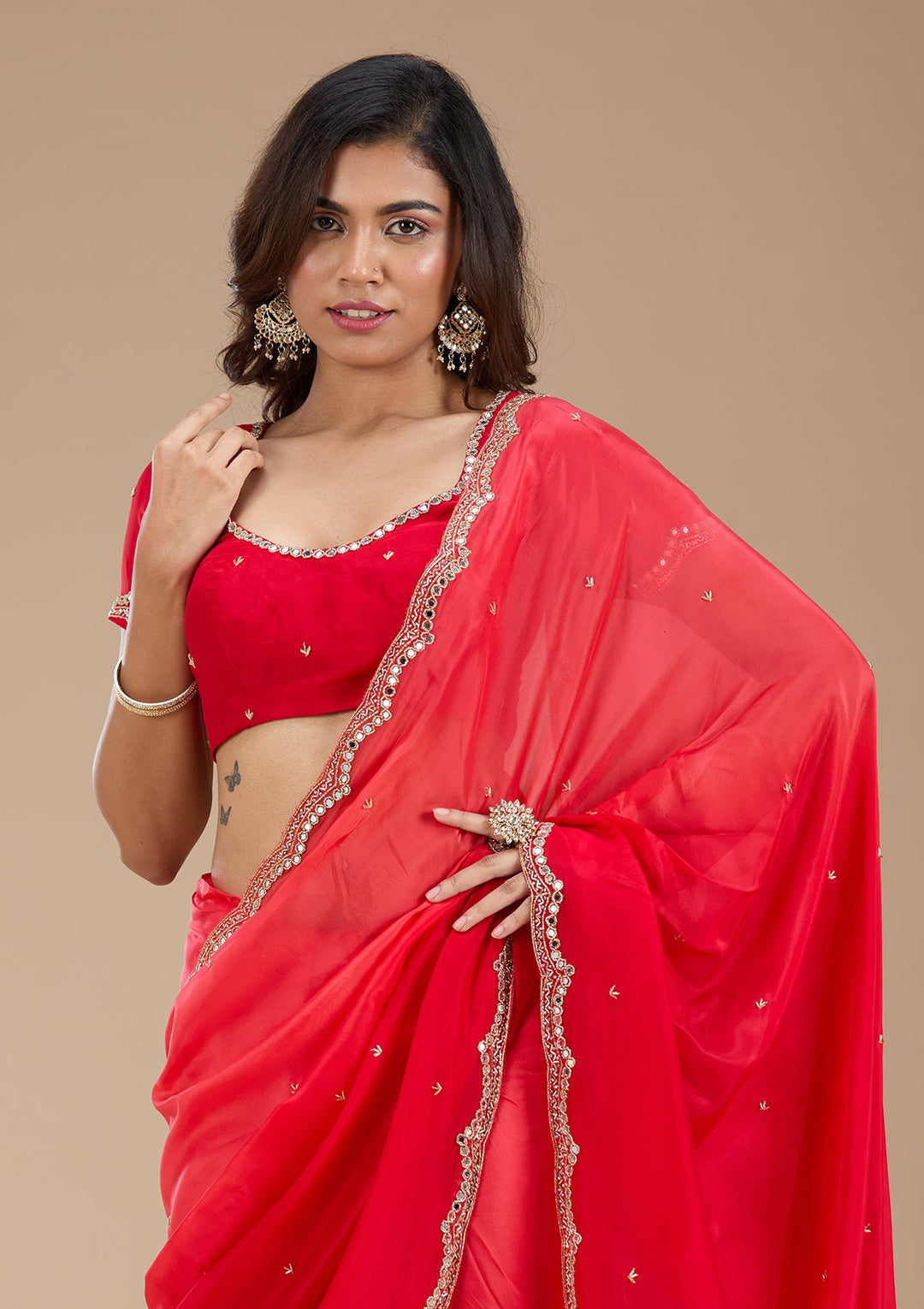 Red Cutdana Satin Saree_koskii