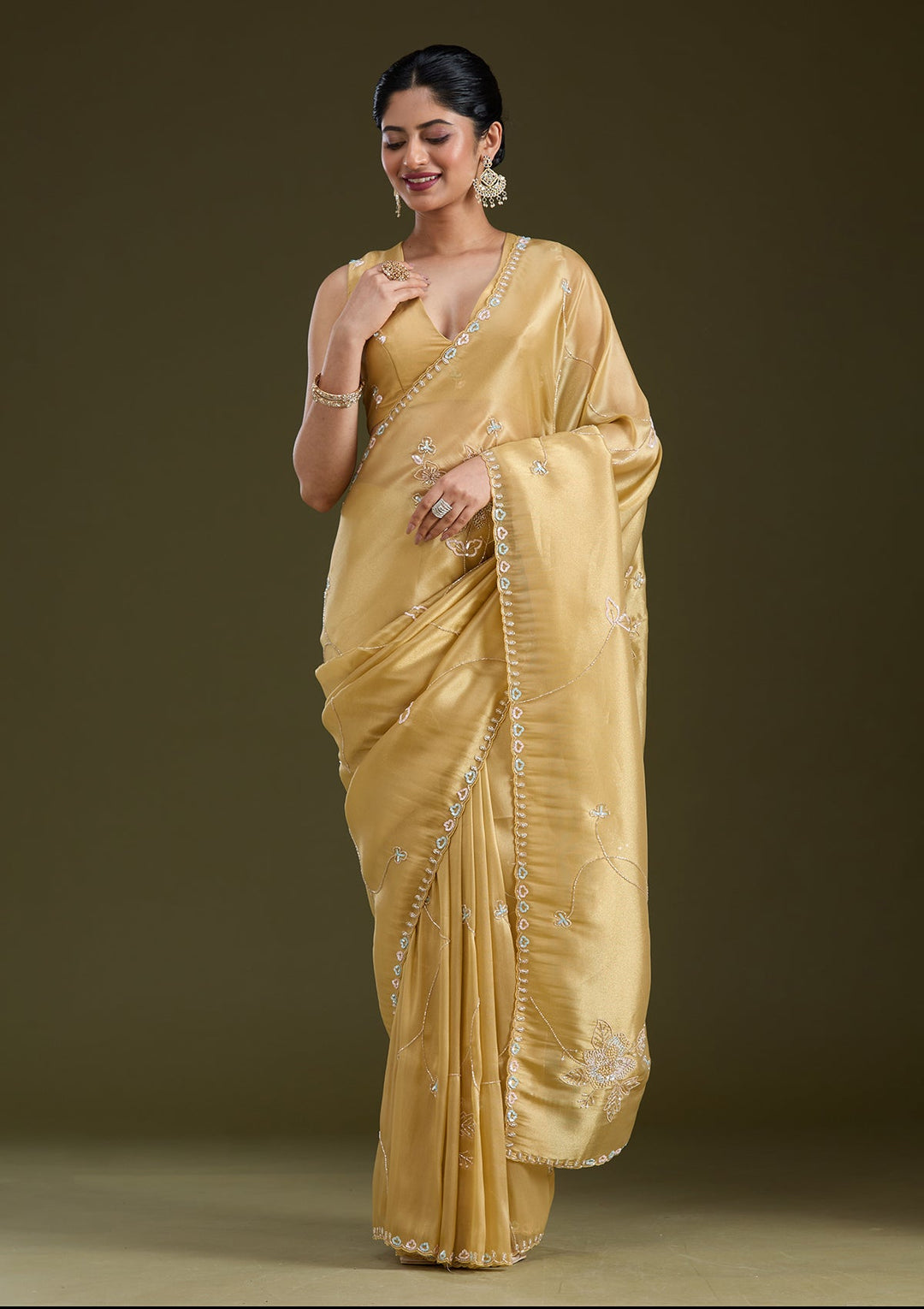 Gold Aariwork Tissue Saree_koskii