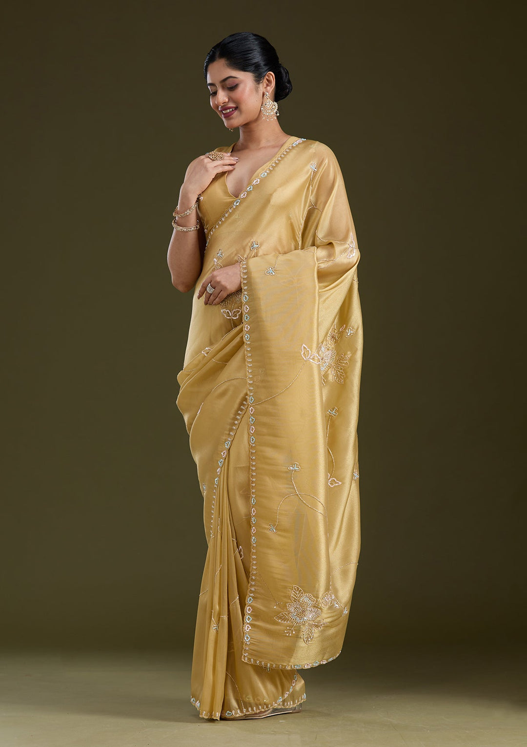 Gold Aariwork Tissue Saree_koskii