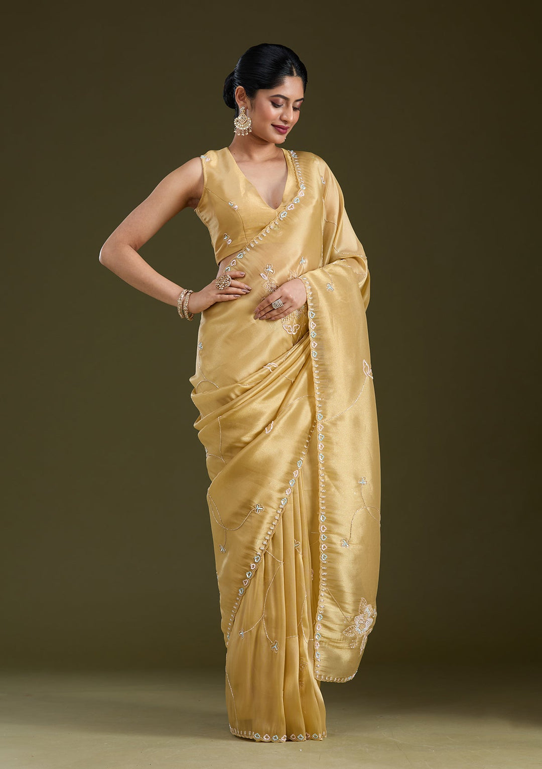 Gold Aariwork Tissue Saree_koskii