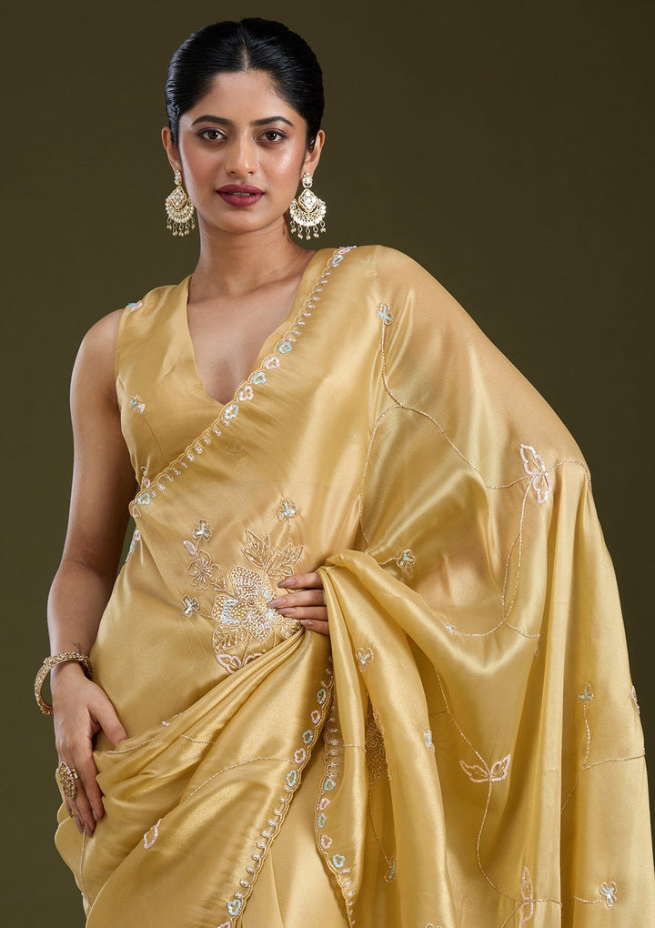 Gold Aariwork Tissue Saree_koskii
