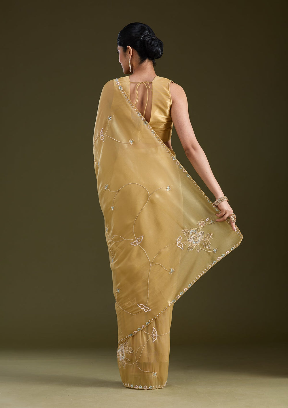 Gold Aariwork Tissue Saree_koskii