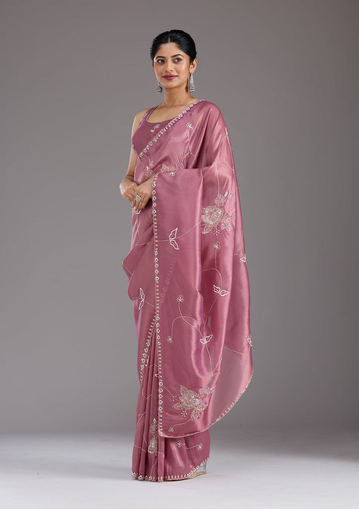 Onion Pink Aariwork Tissue Saree_koskii