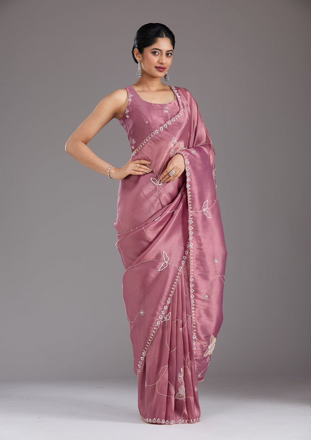 Onion Pink Aariwork Tissue Saree_koskii