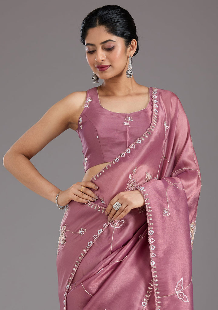 Onion Pink Aariwork Tissue Saree_koskii