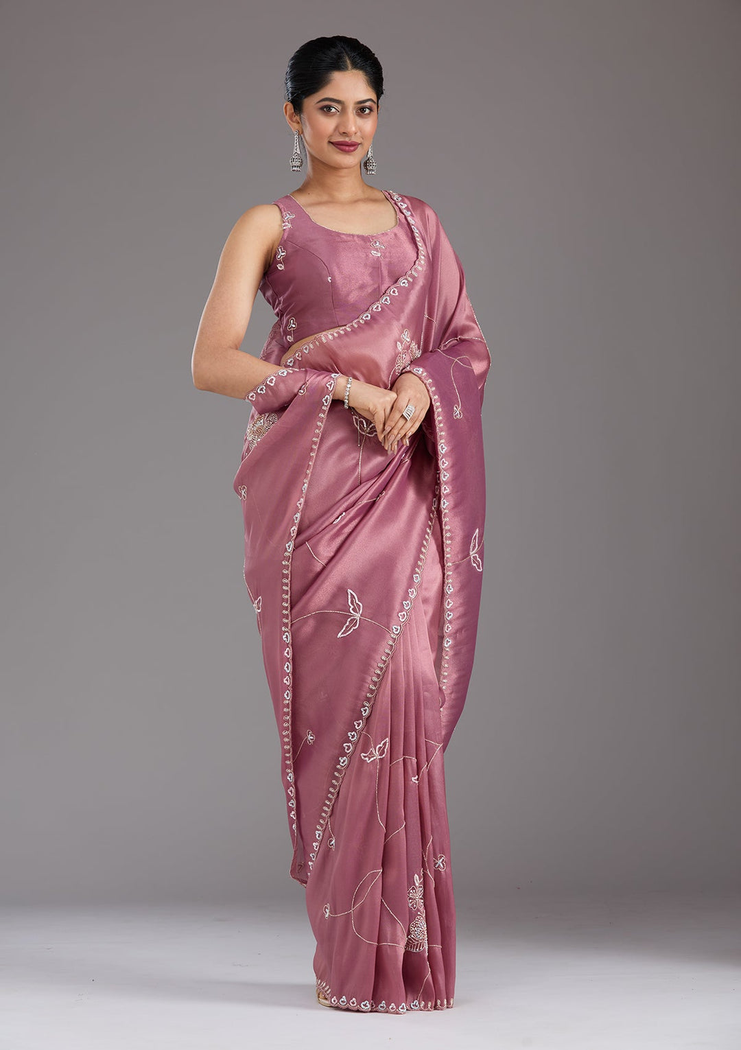 Onion Pink Aariwork Tissue Saree_koskii
