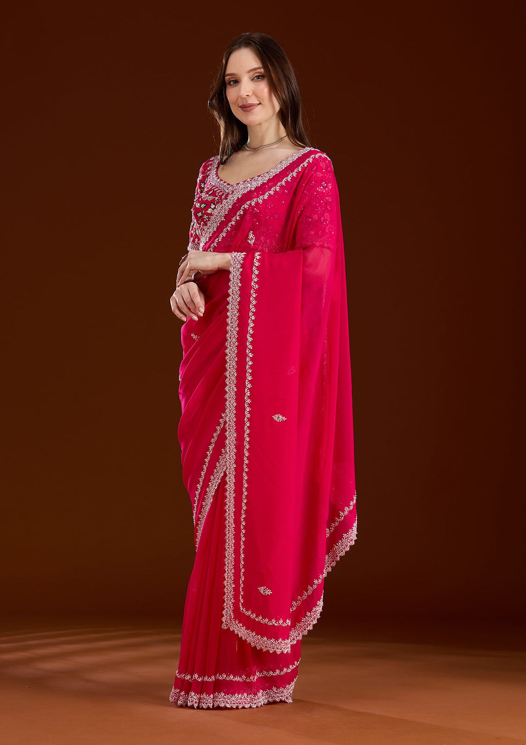 Rani Pink Aariwork Tissue Saree