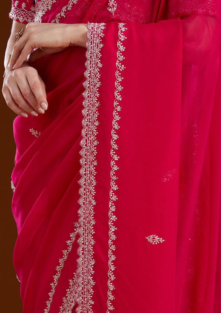 Rani Pink Aariwork Tissue Saree