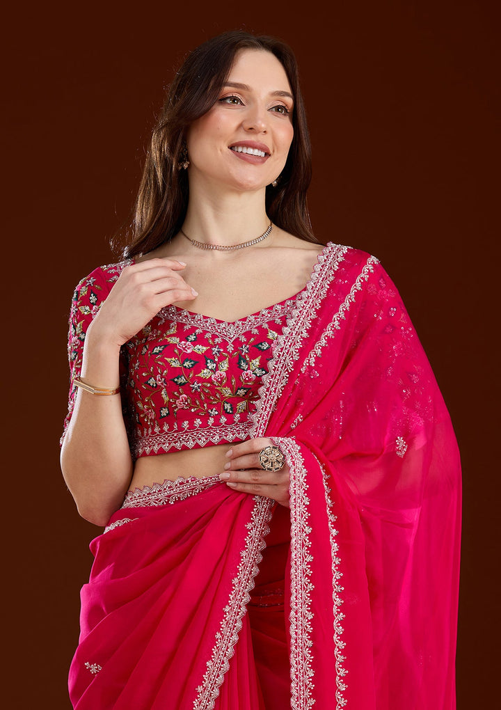 Rani Pink Aariwork Tissue Saree