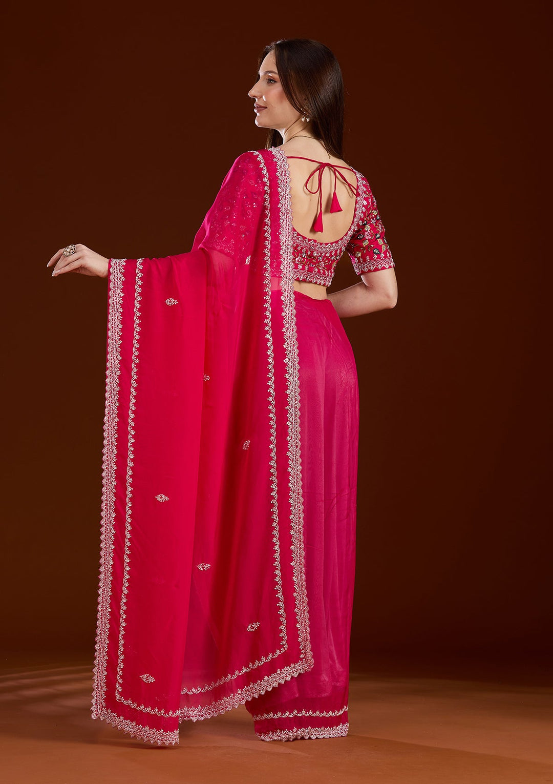 Rani Pink Aariwork Tissue Saree