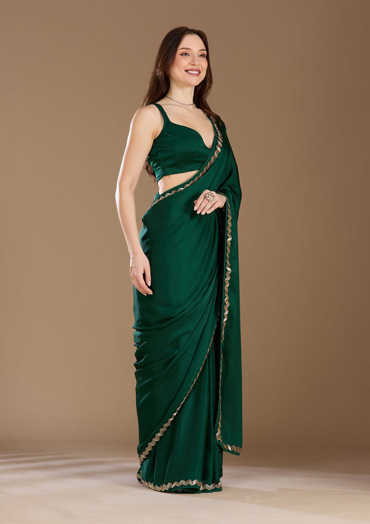Bottle Green Aariwork Satin Saree