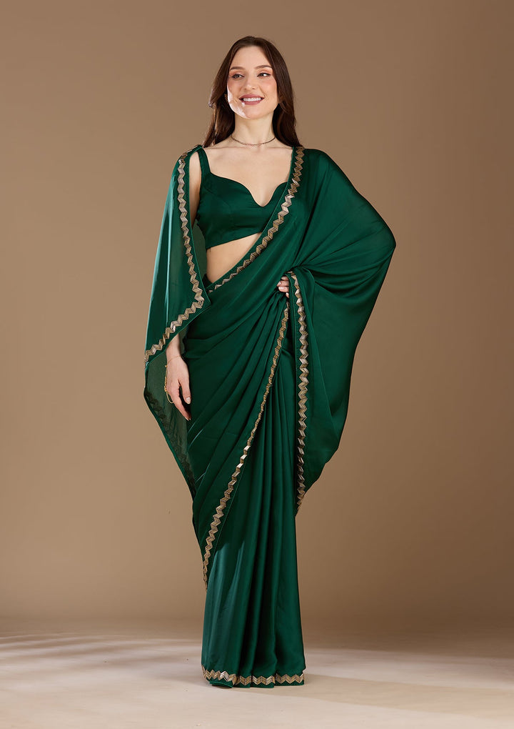Bottle Green Aariwork Satin Saree