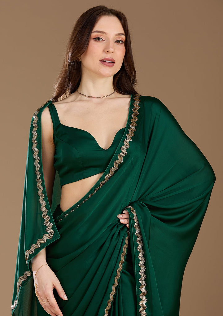Bottle Green Aariwork Satin Saree