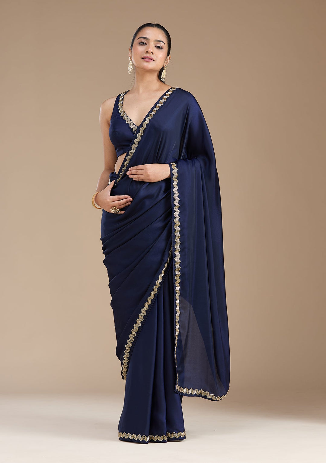Navy Blue Aariwork Satin Saree_koskii