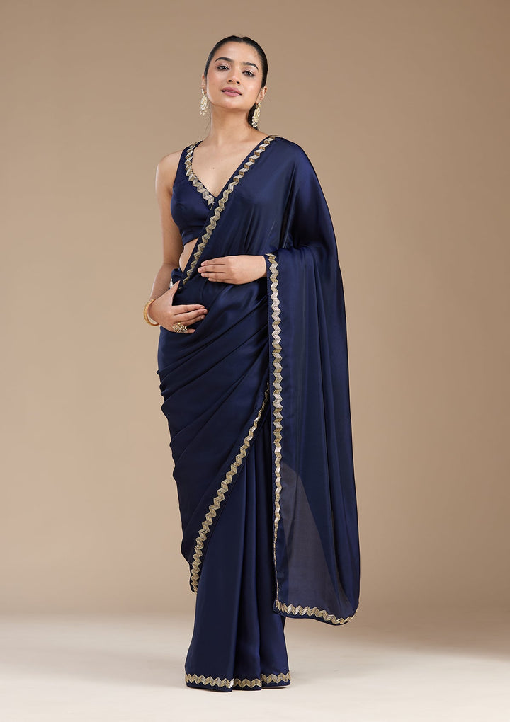 Navy Blue Aariwork Satin Saree_koskii