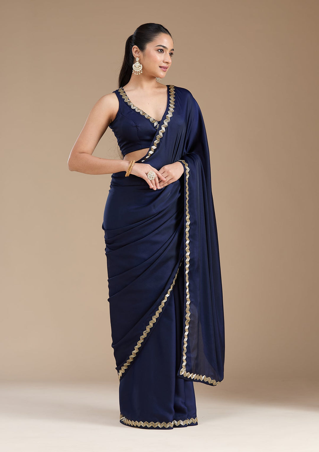 Navy Blue Aariwork Satin Saree_koskii