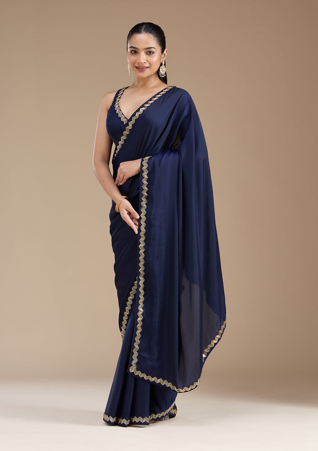 Navy Blue Aariwork Satin Saree_koskii