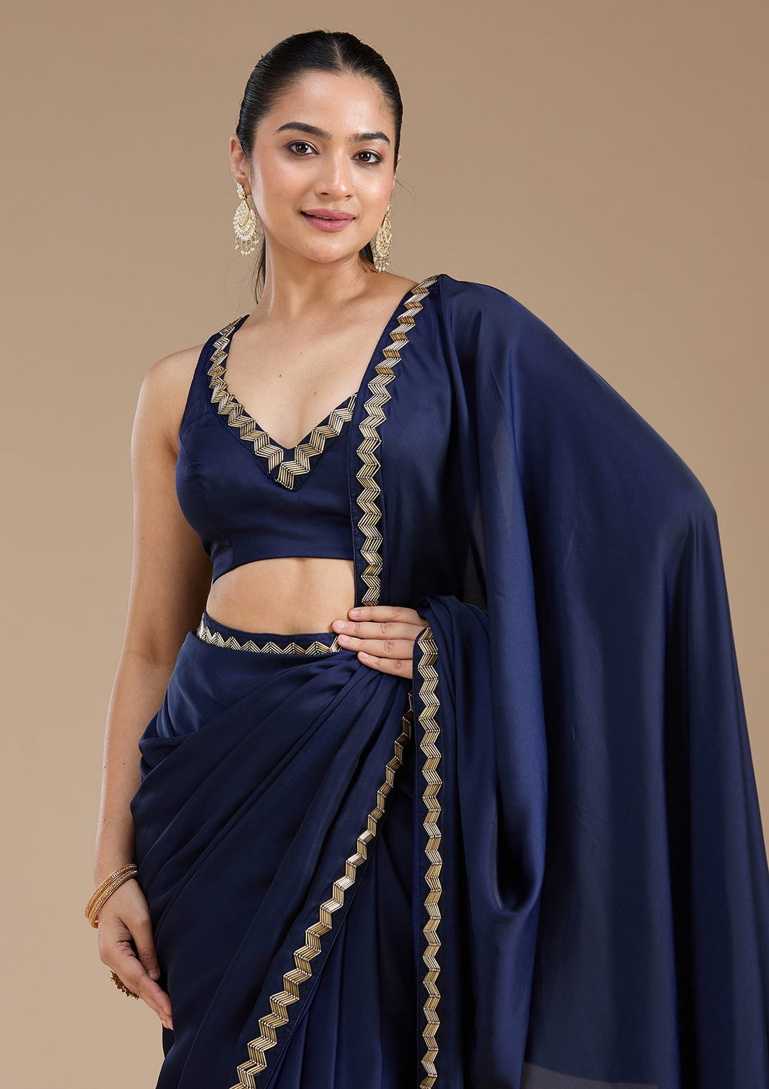 Navy Blue Aariwork Satin Saree_koskii