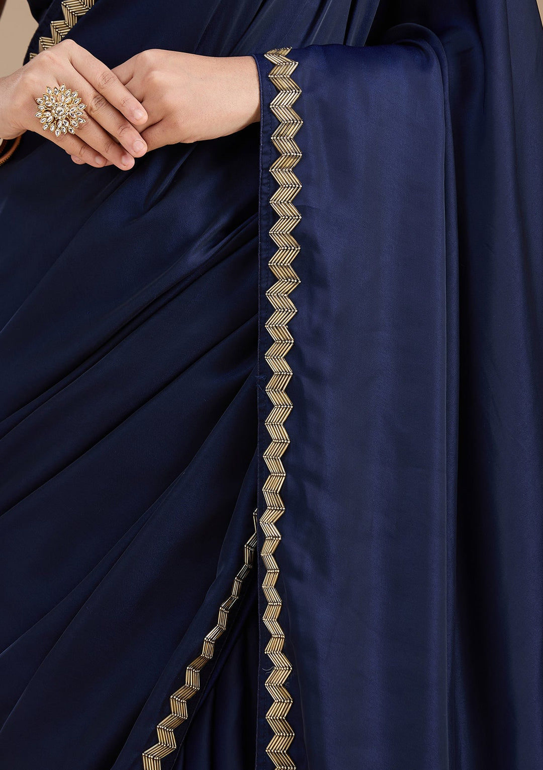 Navy Blue Aariwork Satin Saree_koskii