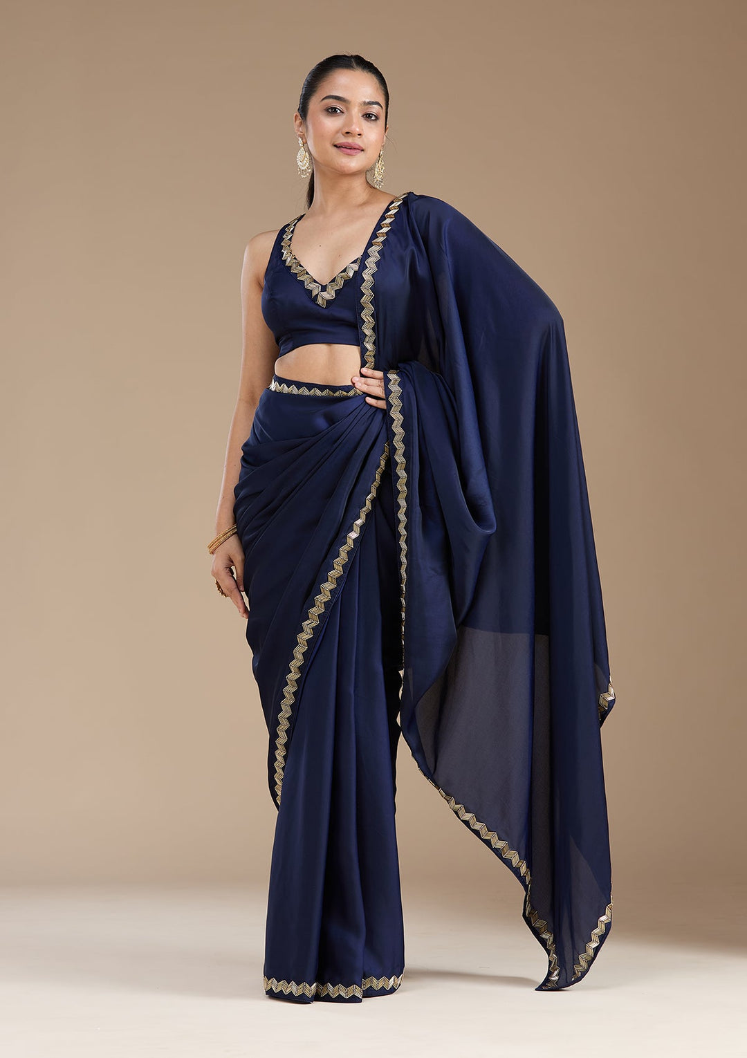 Navy Blue Aariwork Satin Saree_koskii