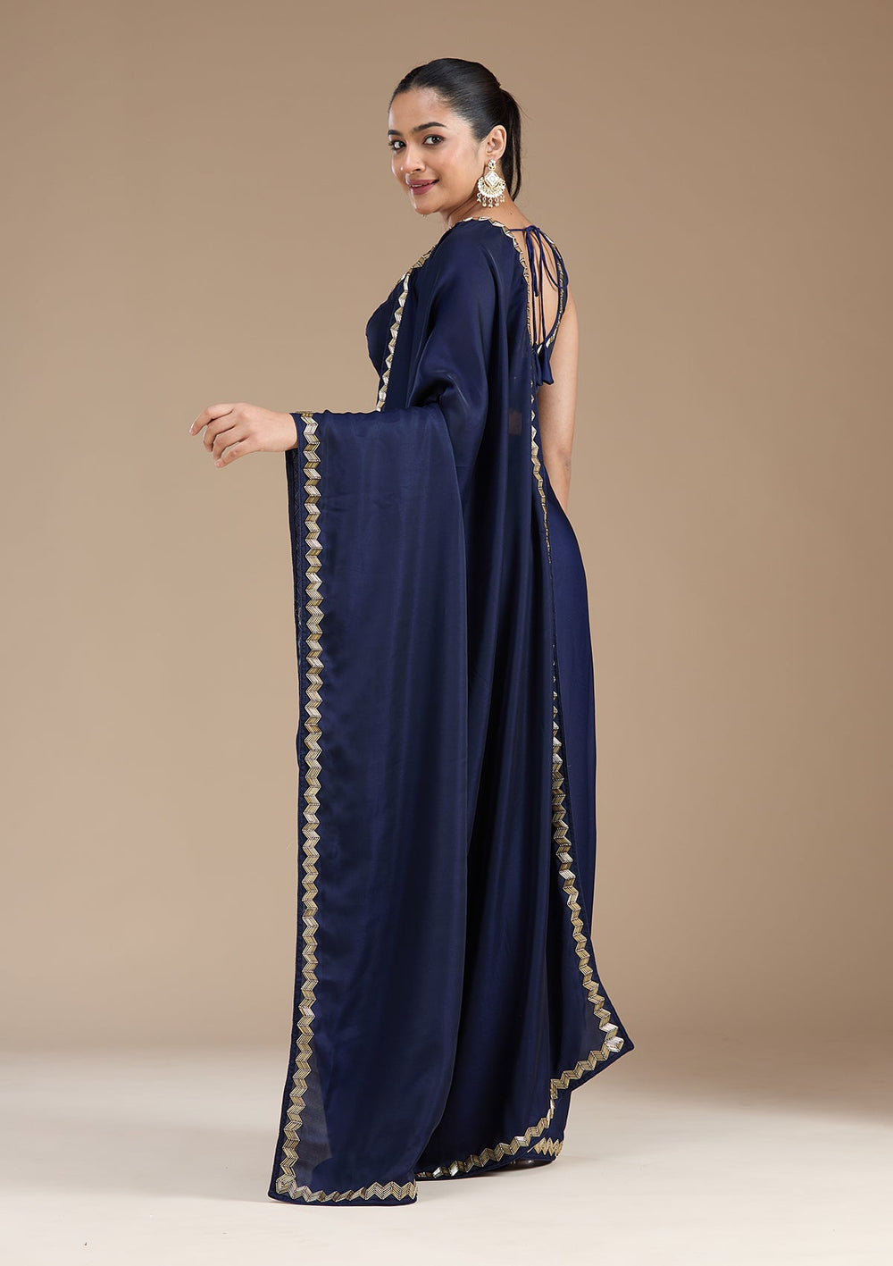 Navy Blue Aariwork Satin Saree_koskii