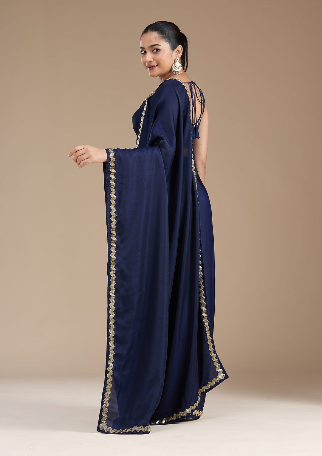 Navy Blue Aariwork Satin Saree_koskii