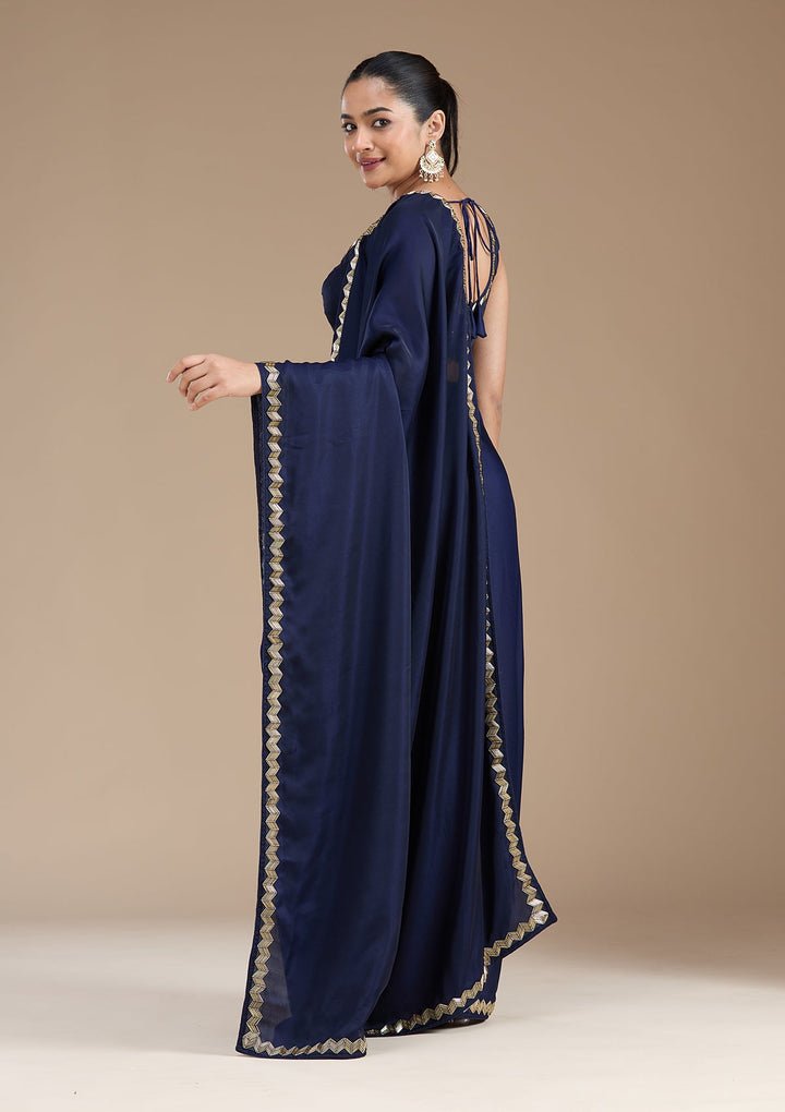 Navy Blue Aariwork Satin Saree_koskii