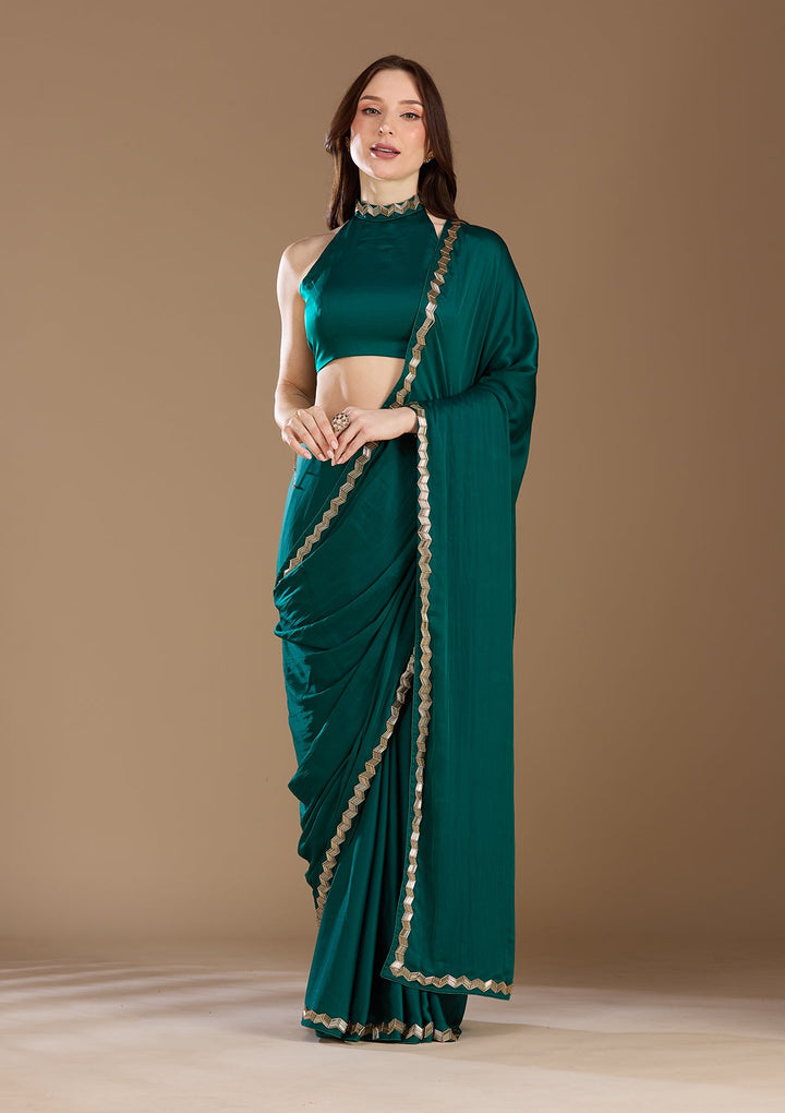Peacock Blue Aariwork Satin Saree