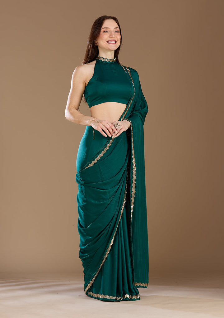 Peacock Green Aariwork Satin Saree