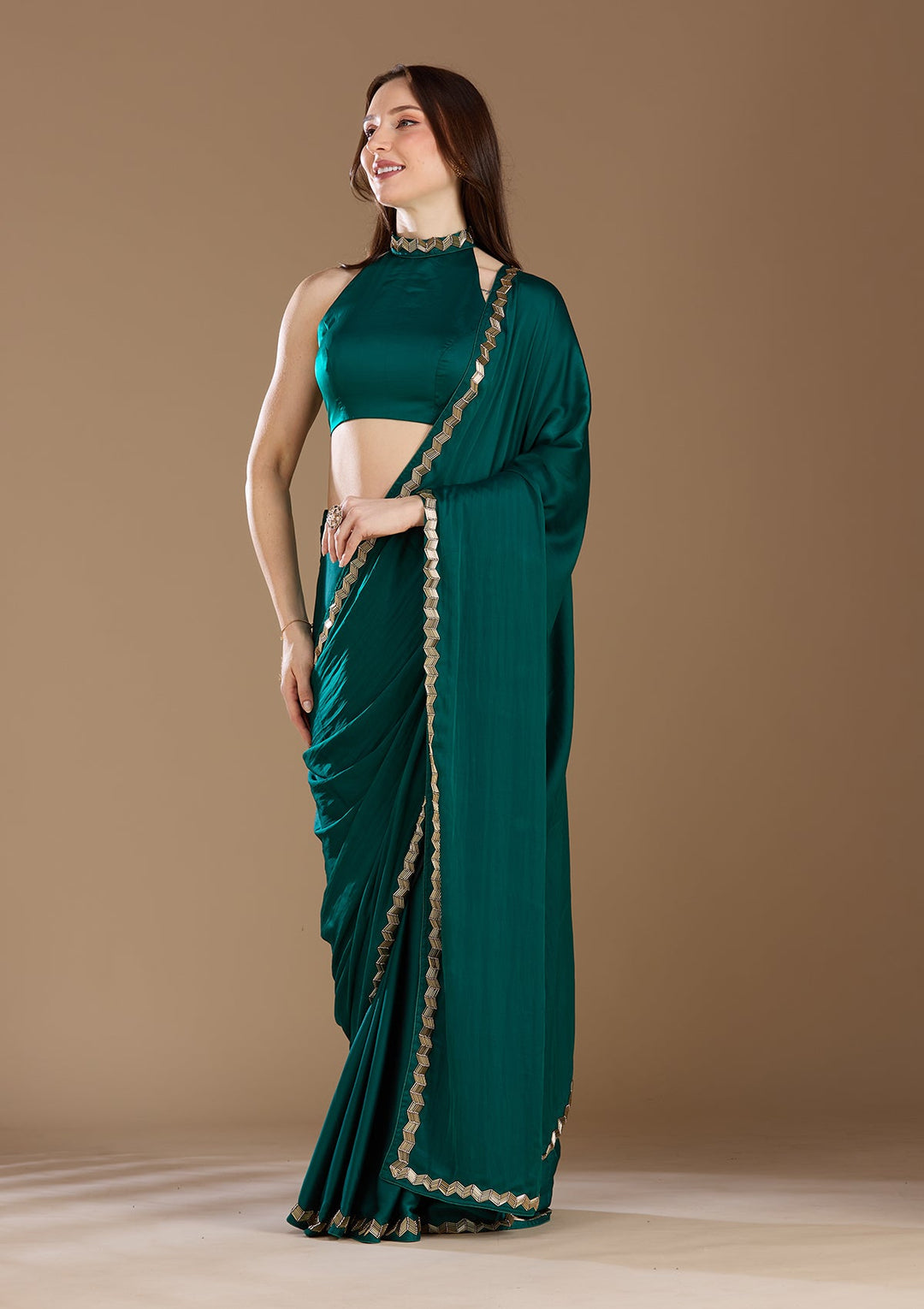 Peacock Green Aariwork Satin Saree